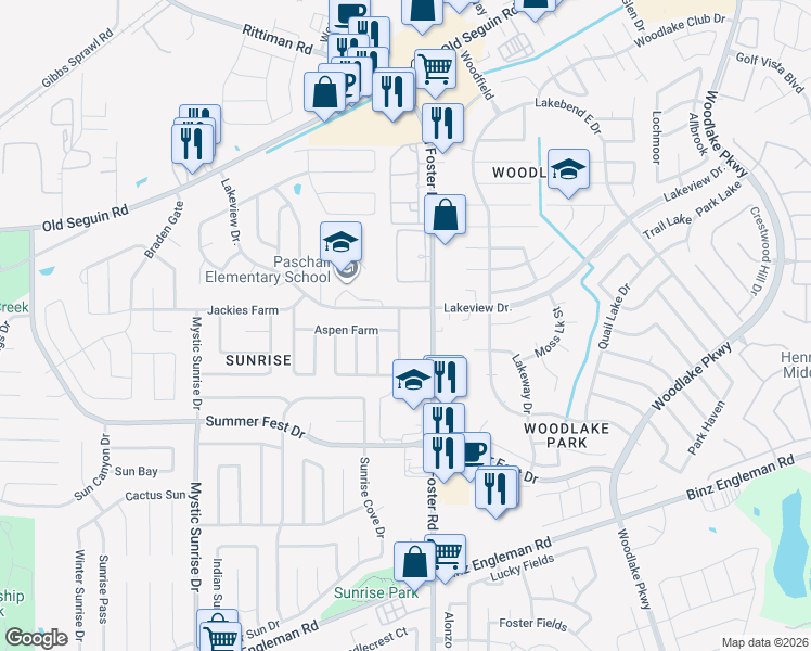 map of restaurants, bars, coffee shops, grocery stores, and more near 4807 Highland Farm in San Antonio