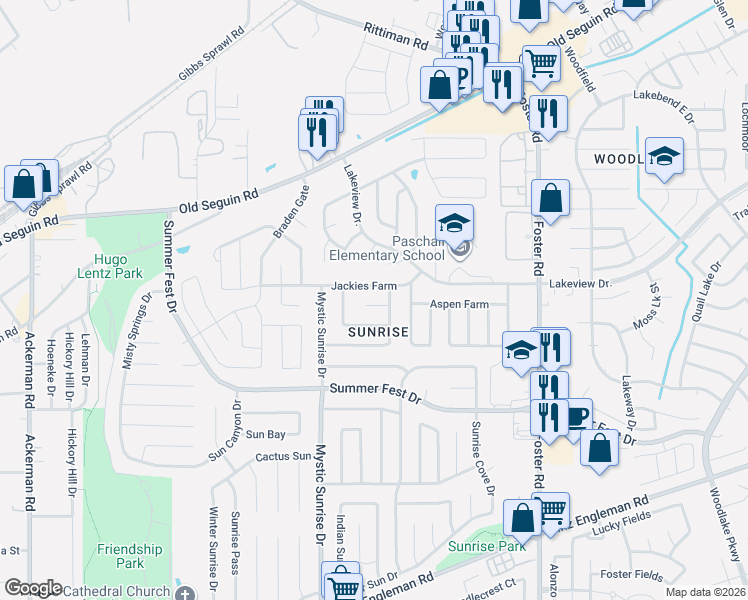 map of restaurants, bars, coffee shops, grocery stores, and more near 6107 Lauras Farm in San Antonio
