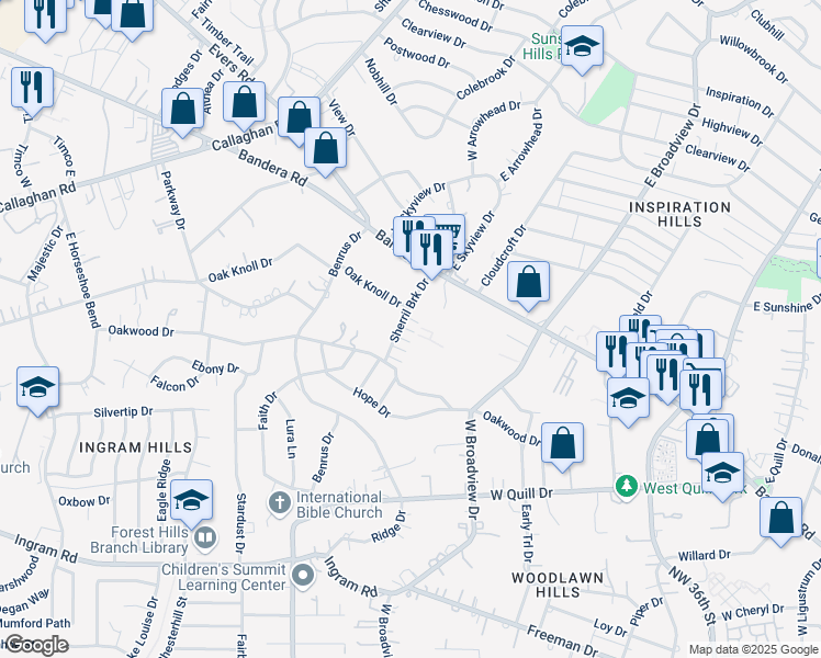map of restaurants, bars, coffee shops, grocery stores, and more near 2011 Bandera Road in San Antonio