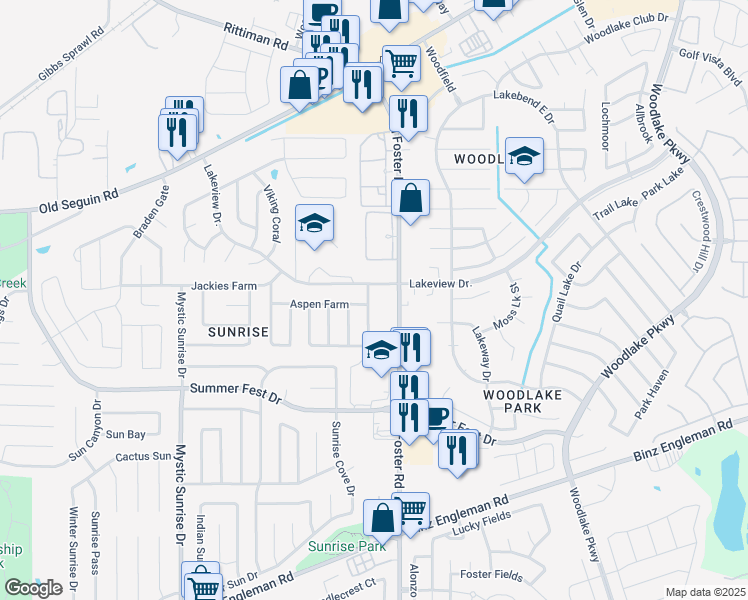 map of restaurants, bars, coffee shops, grocery stores, and more near 4807 Highland Farm in San Antonio
