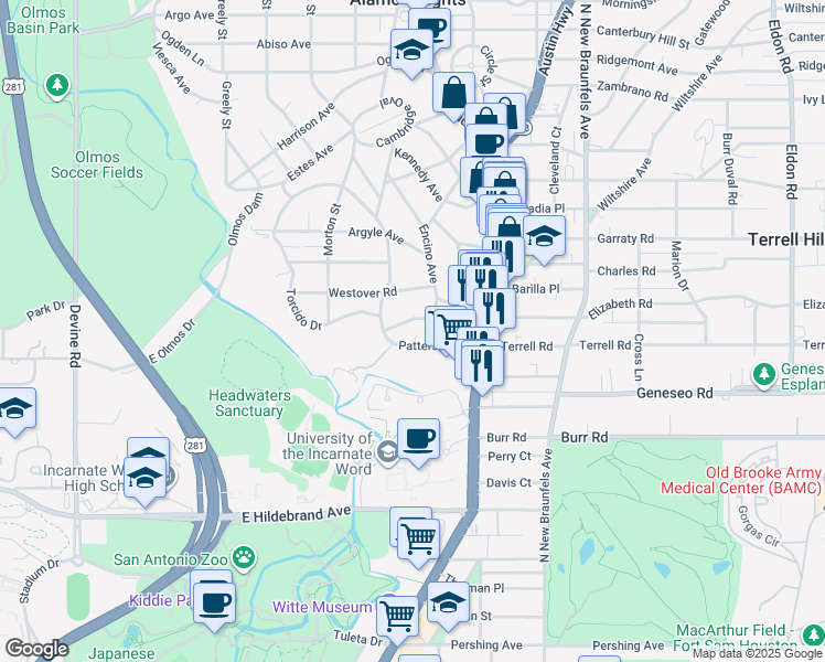 map of restaurants, bars, coffee shops, grocery stores, and more near 211 Patterson Avenue in San Antonio