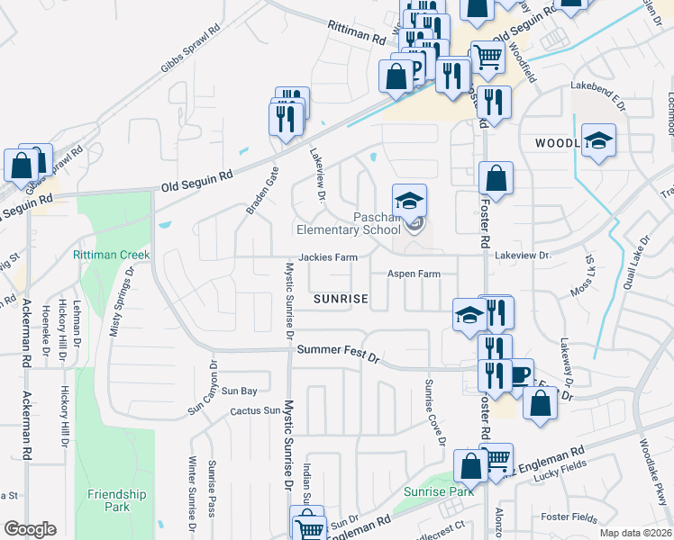 map of restaurants, bars, coffee shops, grocery stores, and more near 6107 Lauras Farm in San Antonio