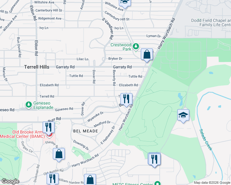 map of restaurants, bars, coffee shops, grocery stores, and more near 801 Terrell Road in San Antonio