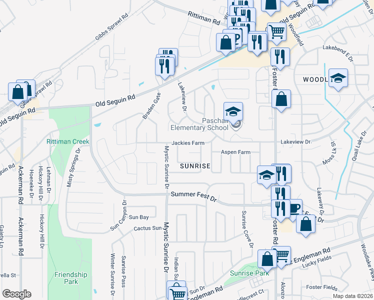 map of restaurants, bars, coffee shops, grocery stores, and more near 6107 Lauras Farm in San Antonio