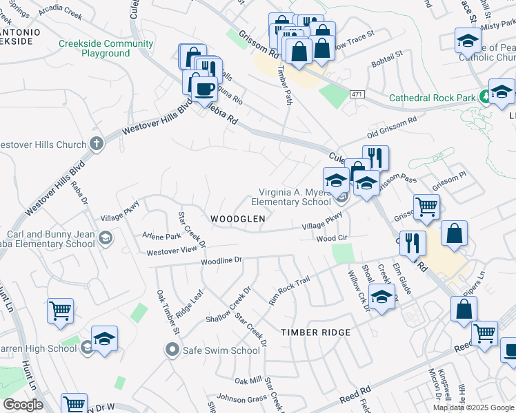 map of restaurants, bars, coffee shops, grocery stores, and more near 2918 Wood Knoll in San Antonio