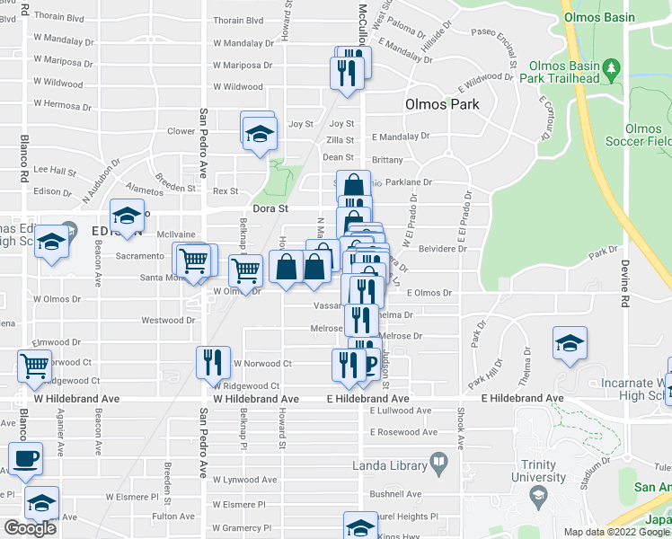 map of restaurants, bars, coffee shops, grocery stores, and more near 127 Earl Street in San Antonio