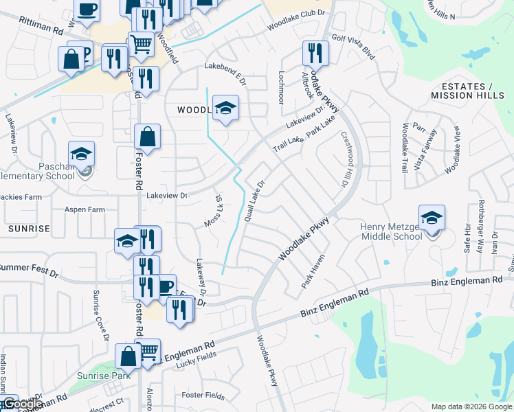 map of restaurants, bars, coffee shops, grocery stores, and more near 5226 Pond Lake Drive in San Antonio
