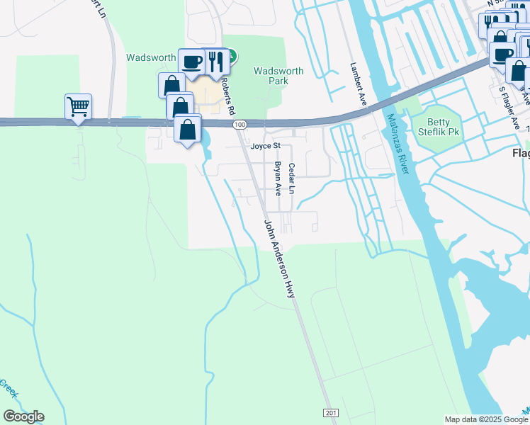 map of restaurants, bars, coffee shops, grocery stores, and more near County Road 201 in Flagler Beach
