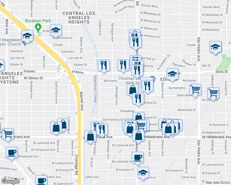 map of restaurants, bars, coffee shops, grocery stores, and more near 1003 Santa Monica in San Antonio