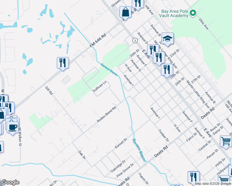 map of restaurants, bars, coffee shops, grocery stores, and more near 2217 Jernigan Ford in Dickinson