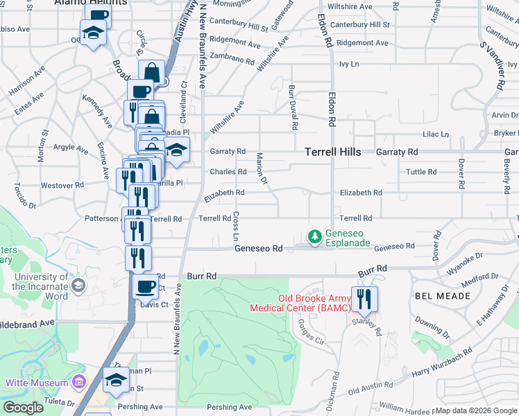 map of restaurants, bars, coffee shops, grocery stores, and more near 325 Terrell Road in San Antonio