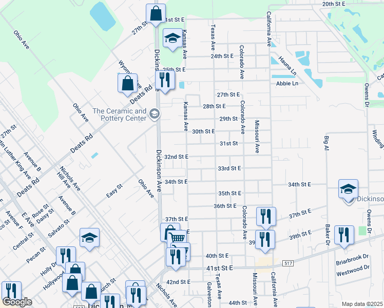 map of restaurants, bars, coffee shops, grocery stores, and more near 4405 32nd Street East in Dickinson