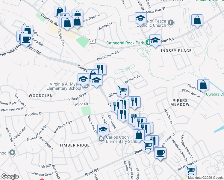 map of restaurants, bars, coffee shops, grocery stores, and more near 3703 Grissom Branch in San Antonio