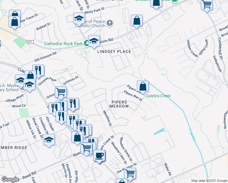 map of restaurants, bars, coffee shops, grocery stores, and more near 7735 Pipers View Street in San Antonio