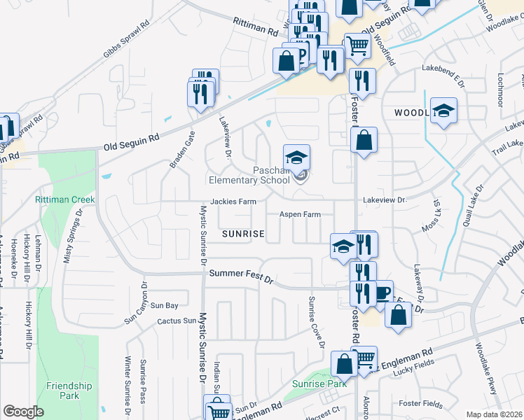 map of restaurants, bars, coffee shops, grocery stores, and more near 4738 Lyndys Farm in San Antonio