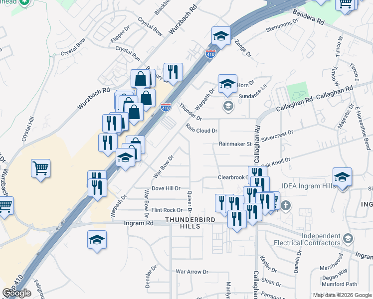 map of restaurants, bars, coffee shops, grocery stores, and more near 6207 Moccasin Street in San Antonio
