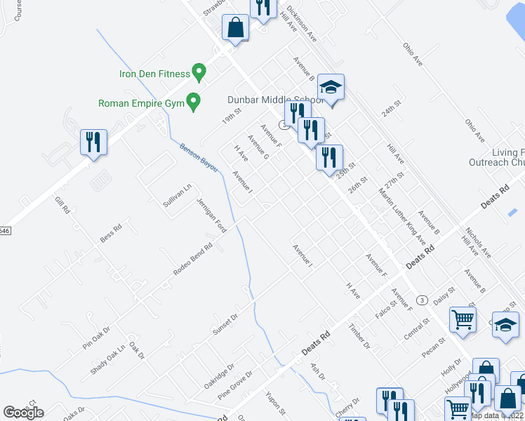 map of restaurants, bars, coffee shops, grocery stores, and more near 2302 Avenue I in Dickinson