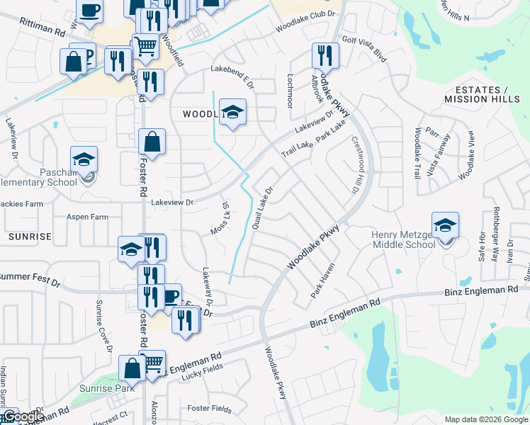 map of restaurants, bars, coffee shops, grocery stores, and more near 5226 Pond Lake Drive in San Antonio