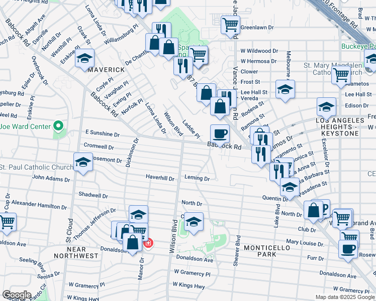 map of restaurants, bars, coffee shops, grocery stores, and more near 2617 Wilson Boulevard in San Antonio