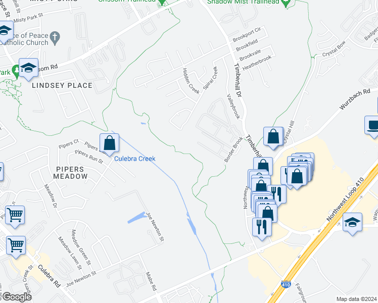 map of restaurants, bars, coffee shops, grocery stores, and more near Leon Creek Greenway in San Antonio