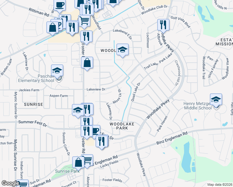 map of restaurants, bars, coffee shops, grocery stores, and more near 4707 Moss Lake in San Antonio