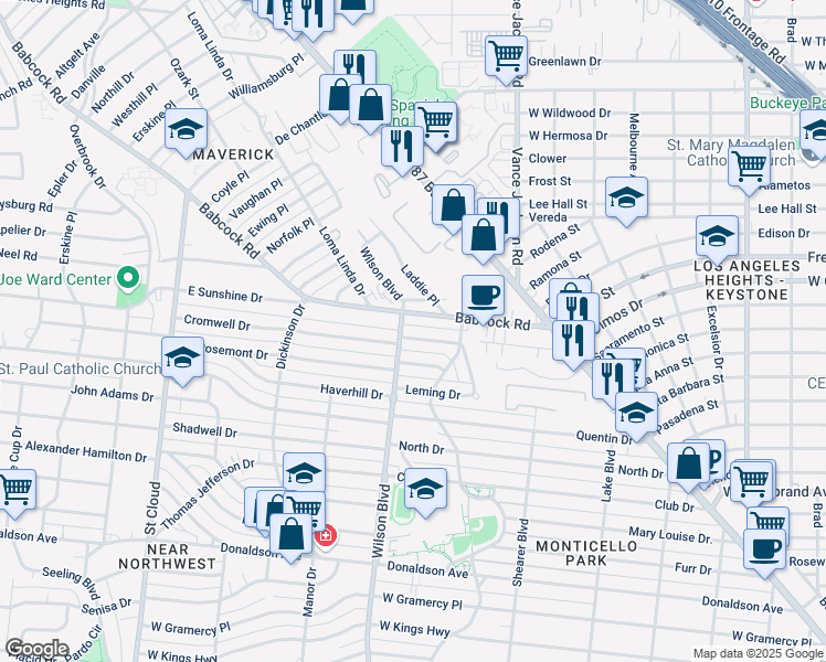 map of restaurants, bars, coffee shops, grocery stores, and more near 2617 Wilson Boulevard in San Antonio