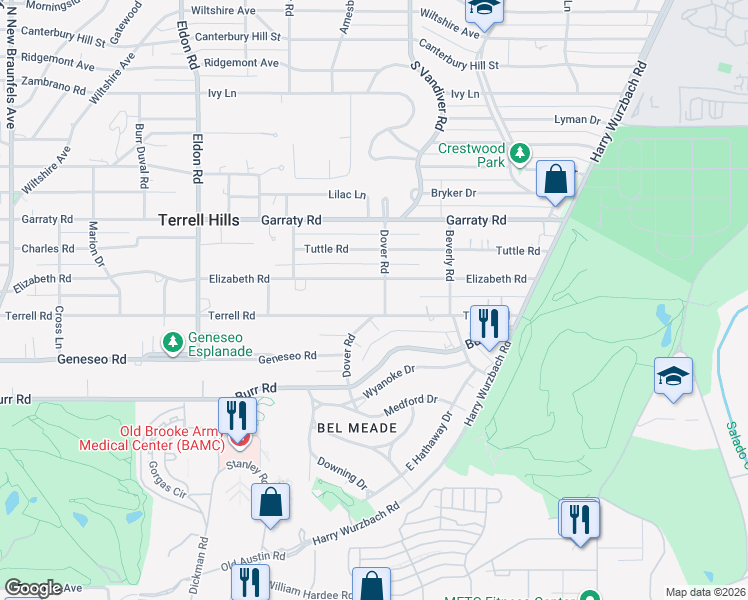 map of restaurants, bars, coffee shops, grocery stores, and more near 651 Terrell Road in San Antonio