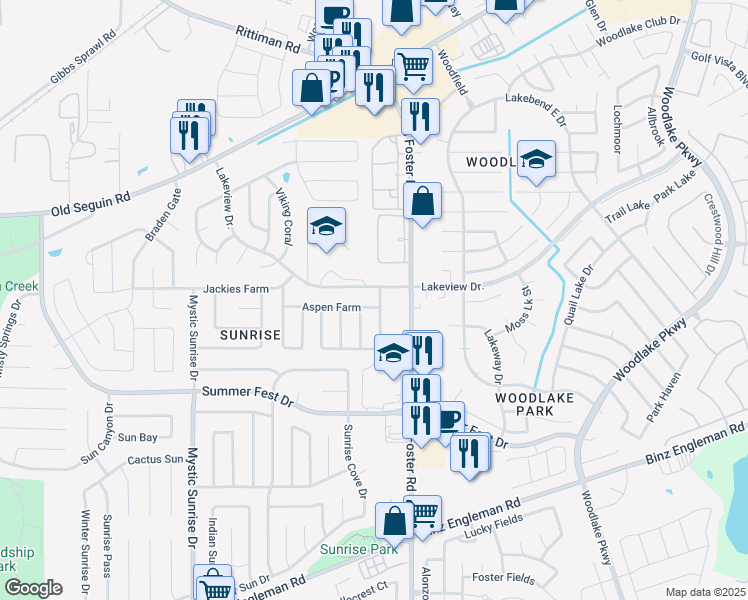 map of restaurants, bars, coffee shops, grocery stores, and more near 4807 Highland Farm in San Antonio