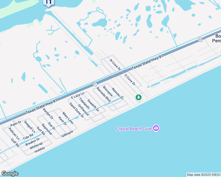 map of restaurants, bars, coffee shops, grocery stores, and more near 983 Nassau Drive in Bolivar Peninsula