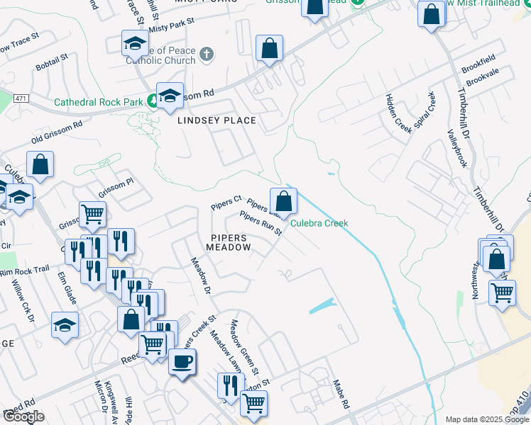 map of restaurants, bars, coffee shops, grocery stores, and more near 7430 Pipers Bluff in San Antonio