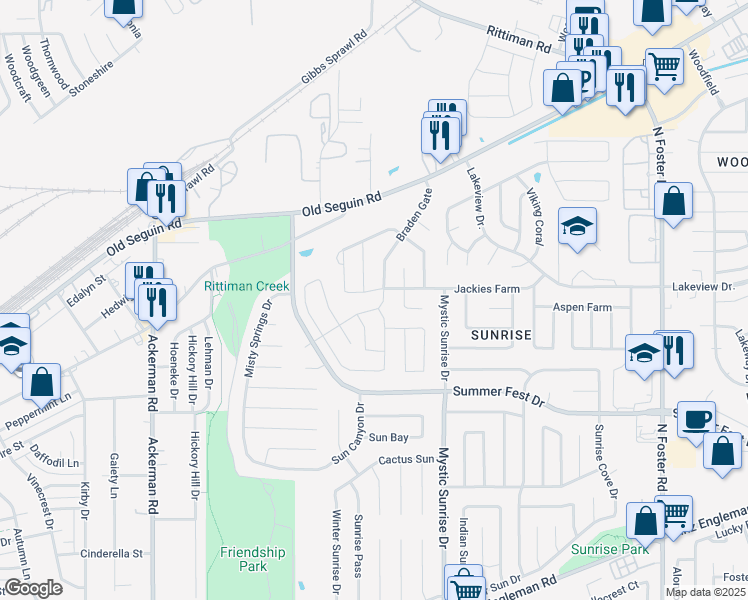map of restaurants, bars, coffee shops, grocery stores, and more near 4803 Braden Gate in San Antonio