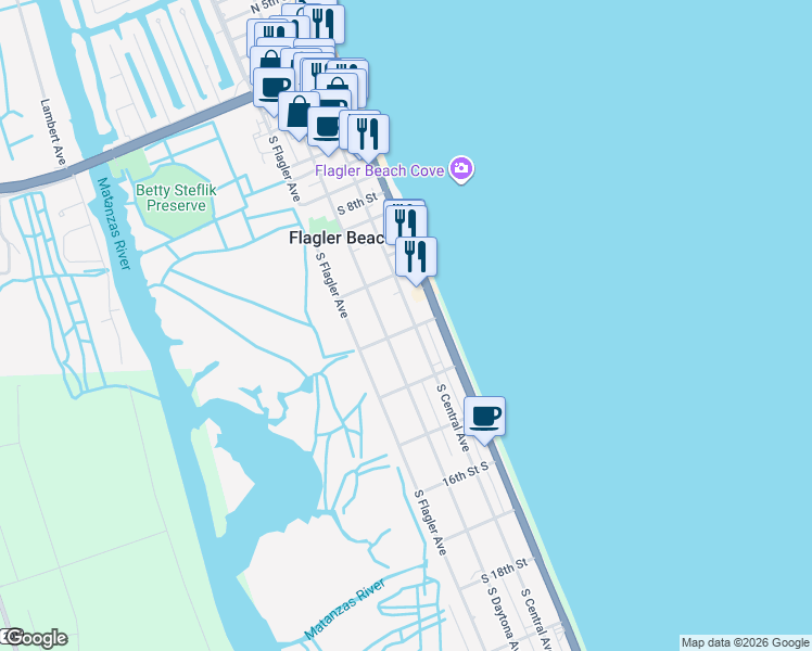 map of restaurants, bars, coffee shops, grocery stores, and more near 1252 South Central Avenue in Flagler Beach