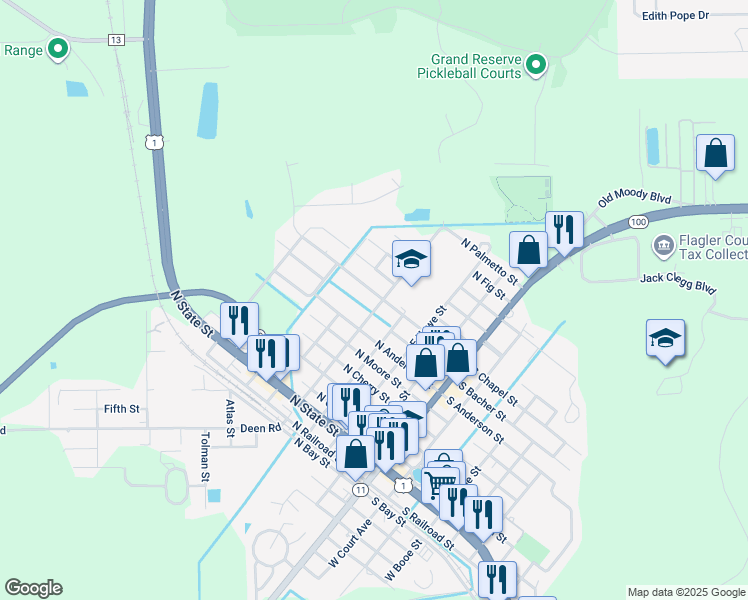 map of restaurants, bars, coffee shops, grocery stores, and more near 702 E Magnolia St in Bunnell
