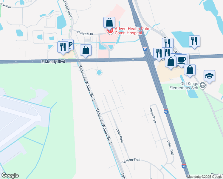 map of restaurants, bars, coffee shops, grocery stores, and more near 34 Utrillo Place in Palm Coast