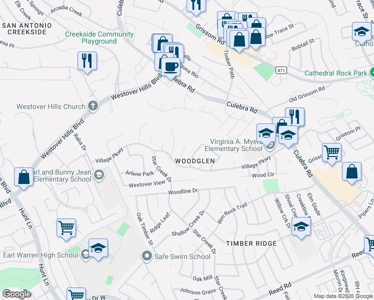 map of restaurants, bars, coffee shops, grocery stores, and more near 8620 Wood Place in San Antonio