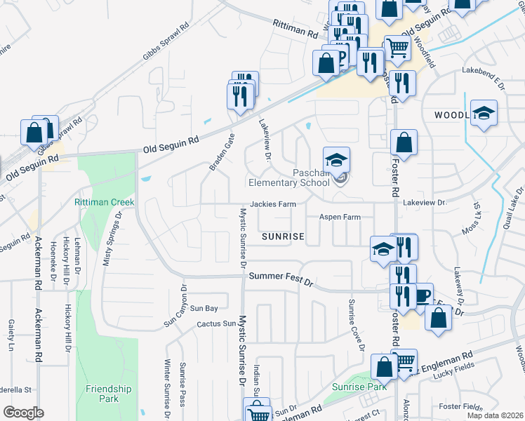 map of restaurants, bars, coffee shops, grocery stores, and more near 6107 Lauras Farm in San Antonio