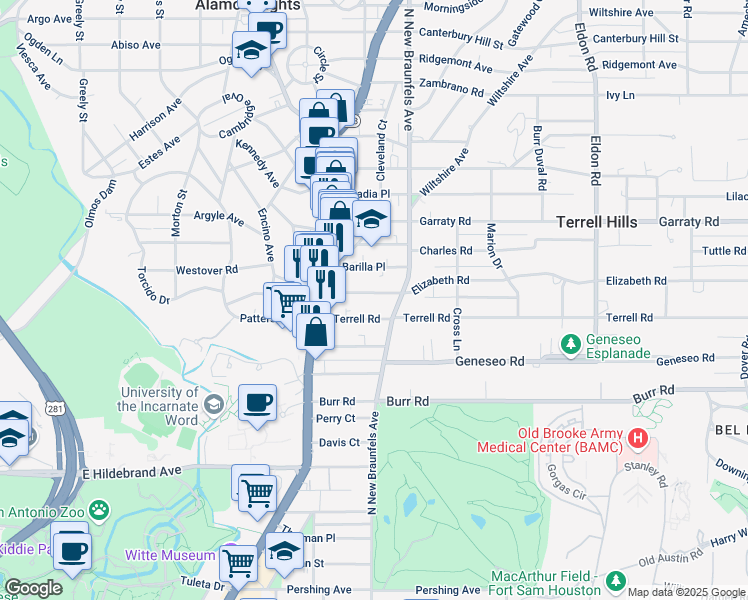 map of restaurants, bars, coffee shops, grocery stores, and more near 136 Elizabeth Road in Alamo Heights