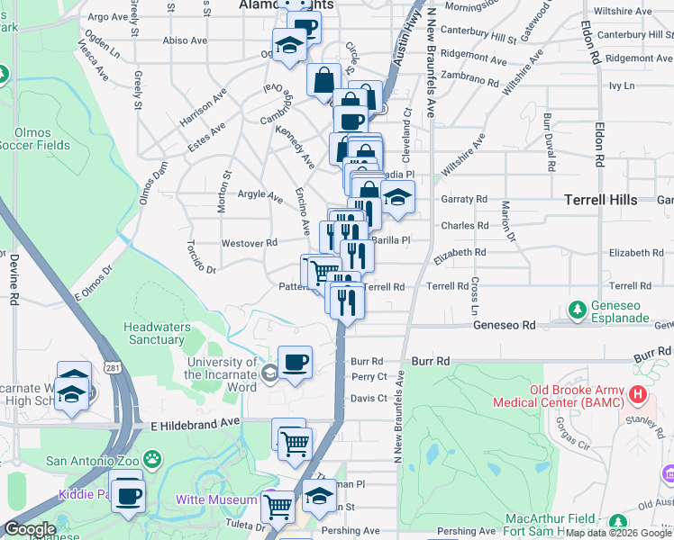 map of restaurants, bars, coffee shops, grocery stores, and more near 100 Mary D Avenue in Alamo Heights