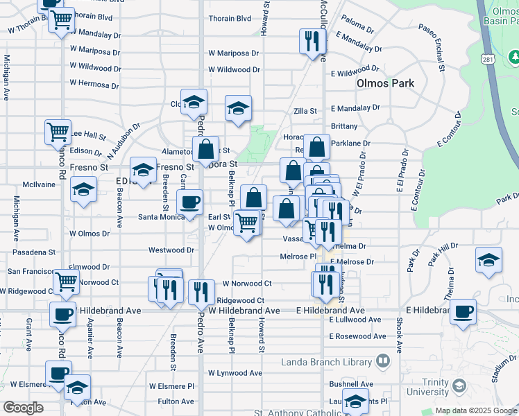 map of restaurants, bars, coffee shops, grocery stores, and more near 310 Millard Street in San Antonio