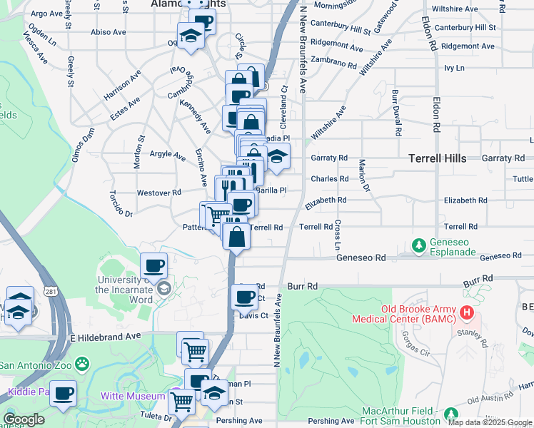 map of restaurants, bars, coffee shops, grocery stores, and more near 136 Elizabeth Road in Alamo Heights