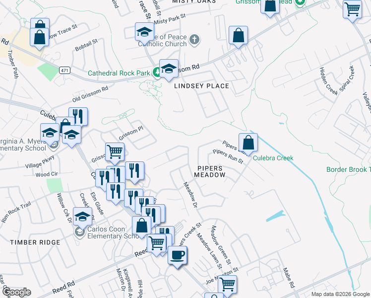 map of restaurants, bars, coffee shops, grocery stores, and more near 7750 Pipers Hill in San Antonio