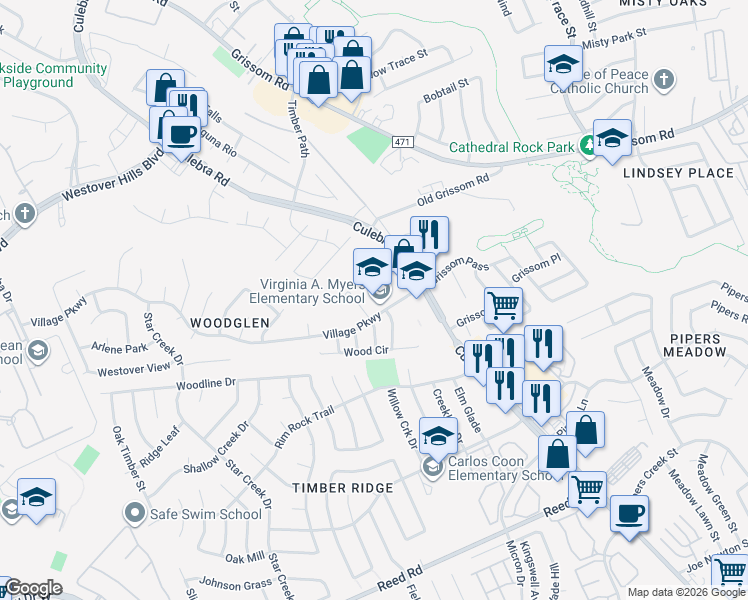 map of restaurants, bars, coffee shops, grocery stores, and more near 3031 Village Parkway in San Antonio