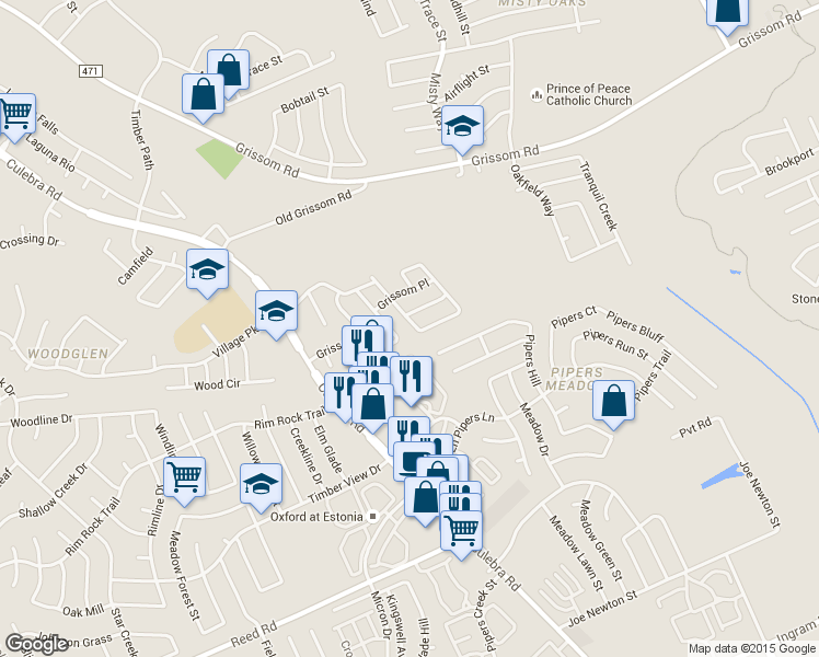 map of restaurants, bars, coffee shops, grocery stores, and more near 3911 Grissom Grove in San Antonio