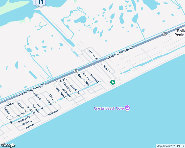 map of restaurants, bars, coffee shops, grocery stores, and more near 983 Nassau Drive in Bolivar Peninsula