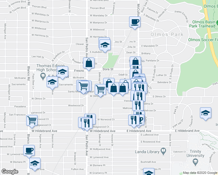 map of restaurants, bars, coffee shops, grocery stores, and more near 310 Millard Street in San Antonio