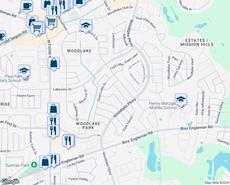 map of restaurants, bars, coffee shops, grocery stores, and more near 5102 Pond Lake Drive in San Antonio