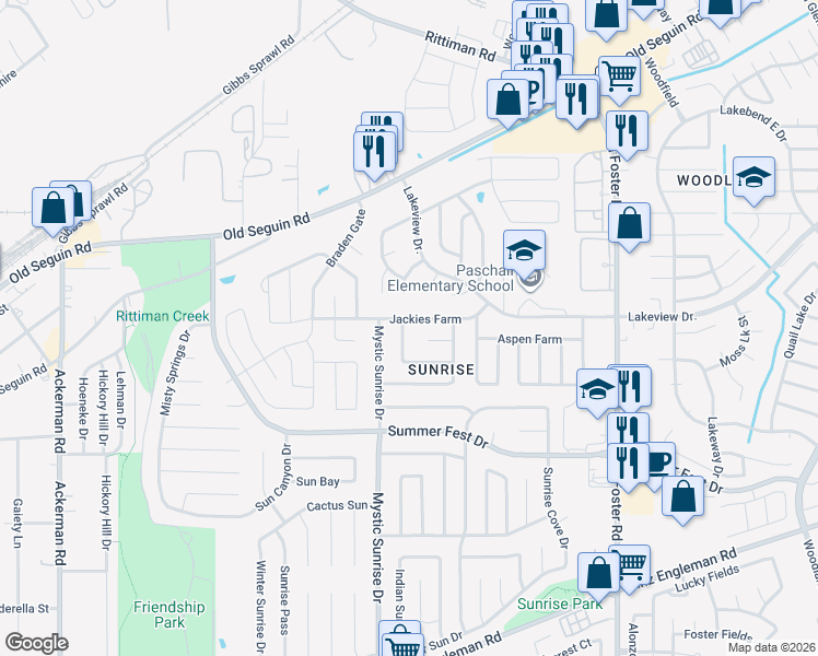 map of restaurants, bars, coffee shops, grocery stores, and more near 6107 Lauras Farm in San Antonio