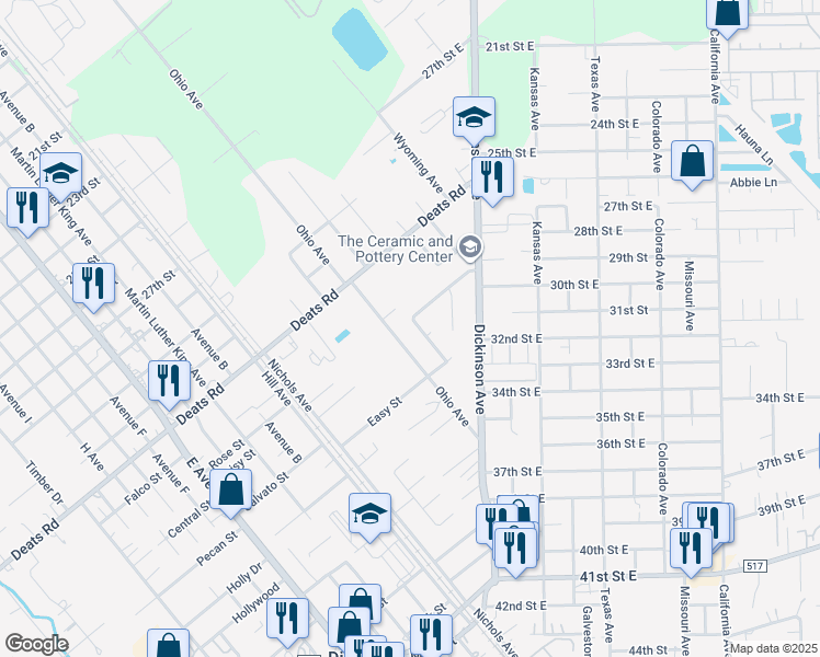 map of restaurants, bars, coffee shops, grocery stores, and more near 3210 Acorn Circle in Dickinson