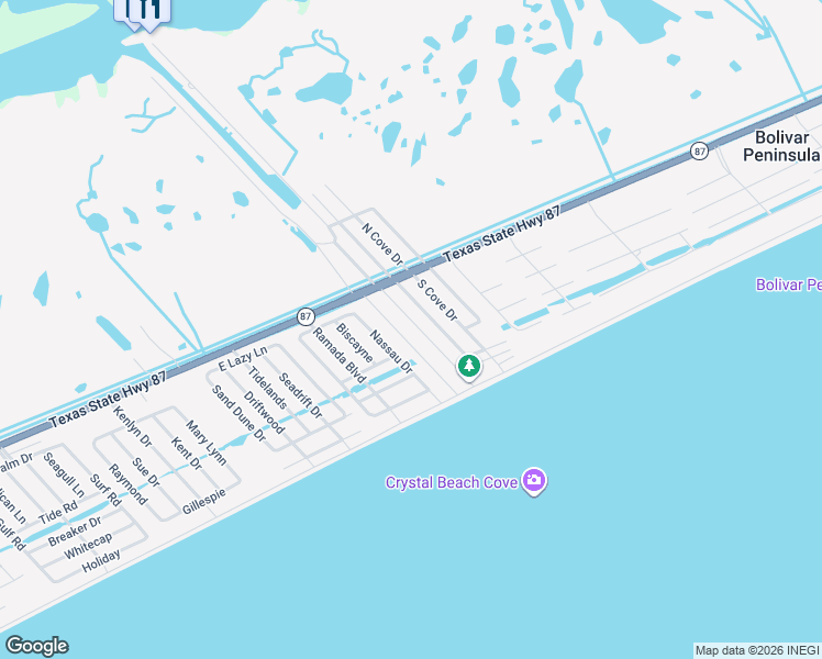map of restaurants, bars, coffee shops, grocery stores, and more near 993 South Stingaree Drive in Bolivar Peninsula