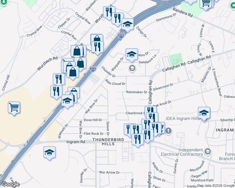 map of restaurants, bars, coffee shops, grocery stores, and more near 6022 Rainmaker Street in San Antonio